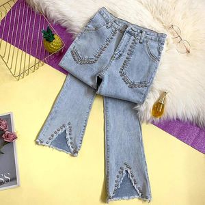 Pantalon de jeans pour femmes depuis le jean élastique à la taille neuf minutes de Burrs Nail Perle Fork Fork Fared