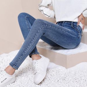 Pantalon en jean pour femme, taille haute, coupe cintrée, couleur claire, serré, pieds courts, printemps et automne 2023