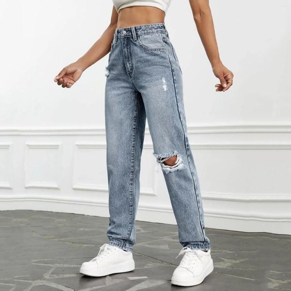 Pantalon jean femme jambe large taille haute extensible droit boutonné Denim ample avec poche vêtements femme