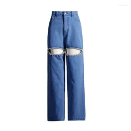 Damesjeans Patchwork Diamonds Hollow Out Casual For Women High Taille Splited Pockets Losse rechte denim wide been broek vrouw