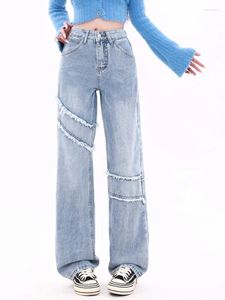 Dames jeans patchwork rand ontwerp licht blauwe denim dun streetstystijl Amerikaanse casual broek vrouwelijke hoge taille rechte broek