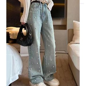 Jeans femme perle Design baril droit jambe large femmes Yang Yishan printemps taille haute à la mode plancher traînant pantalon