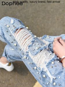 Jeans pour femmes perle perle déchiré pour femmes 2024 Été mince haute taille minceur de pantalon de denim de harem bleu harem bleu