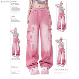 Jeans para mujer Pantalones cargo holgados de color rosa Ropa Y2K Pantalones vaqueros de ajuste relajado con múltiples bolsillos Ropa grunge de hadas Alt Emo Streetwear Unif Envío gratis Q230904