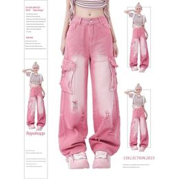Damesjeans Roze Baggy Cargobroek Y2K Kleding Multi-Pocket Relaxed Fit Jeans Fairy Grunge Kleding Alt Emo Streetwear Unif 230802