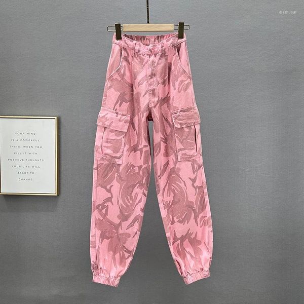 Jeans para mujer Pantalones de carga de camuflaje rosa para mujeres 2023 Primavera Cintura alta Leggings flaco sueltos Harun