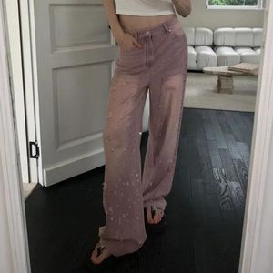 Jeans pour femmes pantalon rose à jambe droite déchirée avec des trous déchirés hauts et pantalons en jean féminin poches coréennes emo r