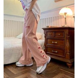 Dames Jeans Roze Vintage Borduurwerk Streetwear Hoge Taille Wide Been Broek Baggy Harajuku Straight Mom Denim Broek 210809