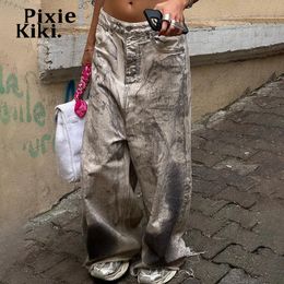 Jeans femme PixieKiki Trashy Y2k Graffiti lavé Baggy jean pour femmes Streetwear taille basse pantalon large pantalon en Denim gris P67-ED44 231122