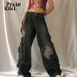 Jeans pour femmes PixieKiki Vintage imprimé graphique Baggy Jeans Y2k Grunge vêtements taille haute pantalon large Streetwear Denim pantalon P67-EB55 T220825