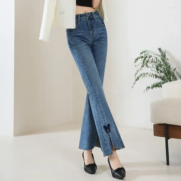 Jean femme uni coupe ajustée fendu pantalon Bootcut Style National papillon impression et teinture pantalon évasé