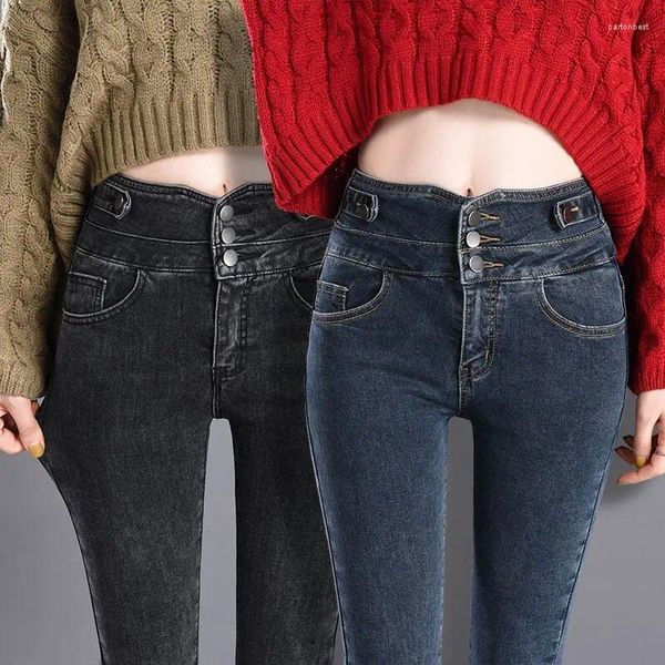 Jeans para mujer Tallas grandes 25-32 Botones de mujer Primavera Otoño Moda Casual Elasic Flaco Slim Lápiz Bodycon Push Up Pantalones largos de mezclilla