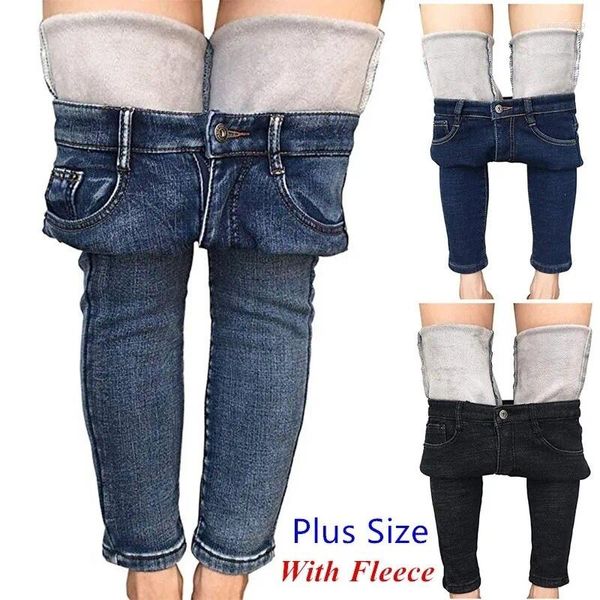 Jeans pour femmes Plus Taille 25-32 Femmes Hiver Épais Polaire Slim Casual Mode Skinny Chaud Élastique Denim Pantalon Bleu Noir