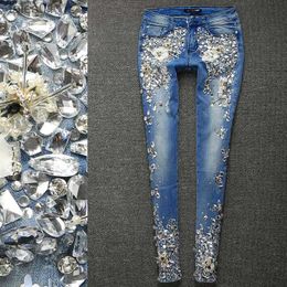 Jeans pour femmes, grande taille 25-33! Femmes de luxe strass diamant Denim Jeans femmes crayon extensible H0908 240304