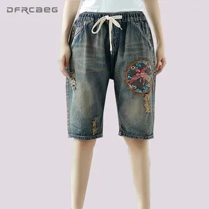 Dames jeans plus size borduurwerk knie lengte denim broek vrouwen 2024 zomer casual elastische taille vintage capris losse korte femme