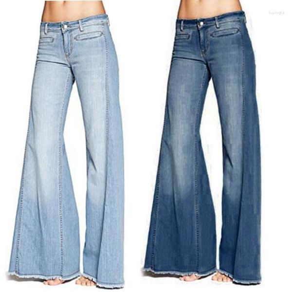 Pantalones vaqueros de mujer de talla grande Extra largos con flecos acampanados 4XL primavera Vintage ajustados pantalones de mezclilla de pierna ancha pantalones de mujer de tiro bajo con parte inferior de campana grande