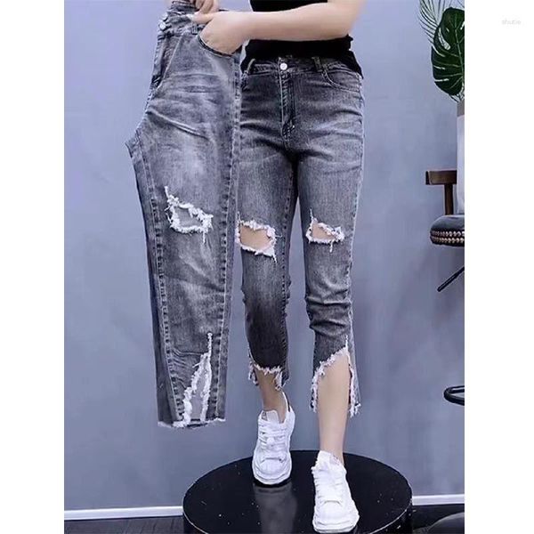 Jeans para mujer Tallas grandes Agujeros Jean para mujer Pantalones de lápiz de mezclilla elásticos rasgados 2023 Verano Delgada Cintura alta Pantalón flaco Streetwear Color gris