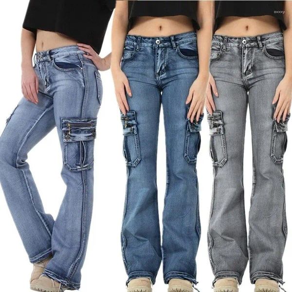 Jeans pour femmes Plus Taille S-3XL Femmes Printemps Été Automne Mode Casual Sexy Slim Skinny Denim Pocket Cargo Pantalon Streetwear Bleu Gris