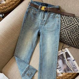 Dames jeans plus size dames designer broek mode metaal charme brief grafisch negen kwart denim met hoge taille loszittende strikte straigh dhb7o