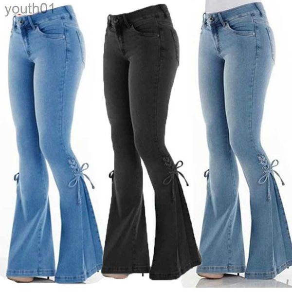 Jeans pour femmes Grande taille Jeans pour femmes décontracté mince extensible Denim taille Jean surdimensionné Long Flare pantalon bleu clair pantalon large 240304