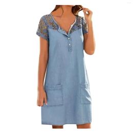 Jean femme grande taille fermeture éclair décontracté col en V robe à manches courtes Denim Faux Jean