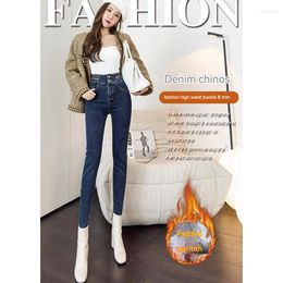 Dames Jeans Pluche Broek Zwart Grijs 2023 Herfst/Winter Vintage Hoge Taille Slim Fit Elastiek Potlood Small Feet