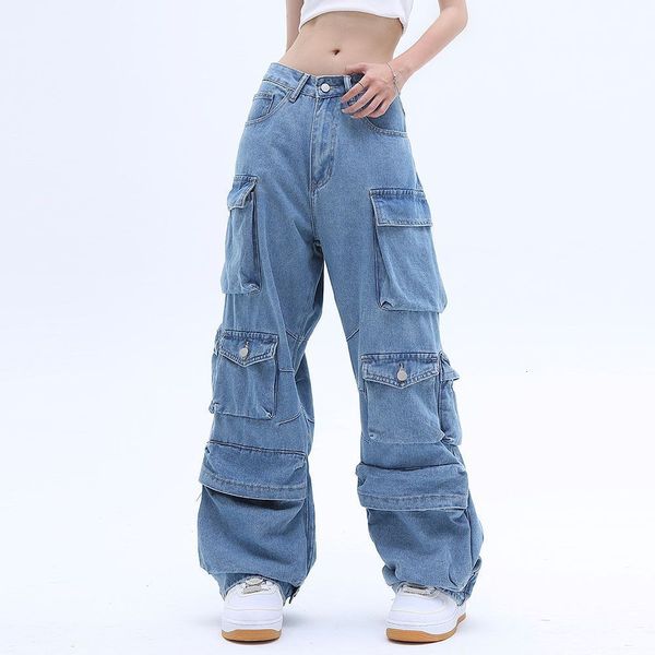 Femmes S jeans Pocket Couleur solide Saut troupes Y2K Street Retro Loose Wide Leg Couple décontracté joker Mopping Pant 230404