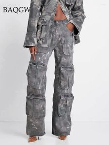 Dames jeans pocket gesplitste denim vrachtbroek voor vrouwen hoge taille wijd been losse camouflage vrouwelijke mode herfst 2024 kledingstijl