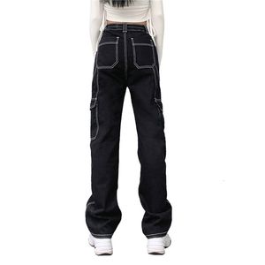 Damesjeanszakken Patchwork High Taille Streetwear Straight Jean Femme Black 100 Cotton Cargo Pants 230324
