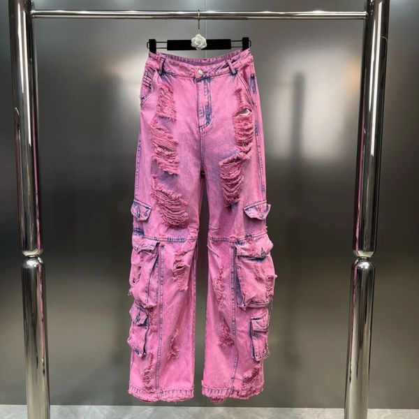 Jeans pour femmes PREPOMP 2023 Automne Arrivée Rose Contraste Couleur Trous déchirés Multi Poches Denim Pantalon Long GL407 231128