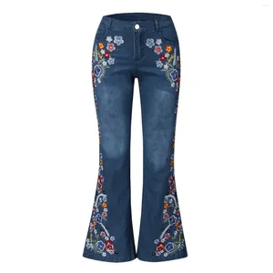 Jeans pour femmes imprimé mode femmes brodées en détresse bouton évasé taille cloche bas femme denim cargo pantalon salopette 2024