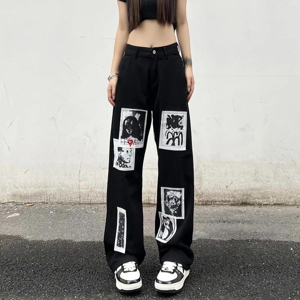 Jeans pour femmes imprimé anime à motifs punk noirs noirs vêtements pantalon baggy droit de la jambe large longue dame longue dame