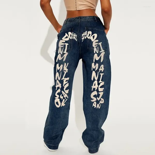 Jeans pour femmes imprimé déchiré bleu pour hommes original lâche droit lavé rétro mode tendance nationale rue pantalon hip-hop polyvalent