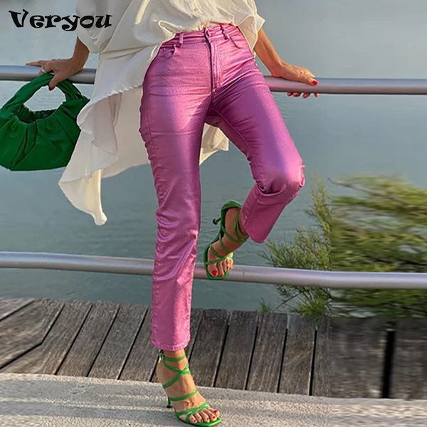 Jeans pour femmes PU couleur vive femmes pantalons solide taille haute droite streetwear pantalon femme 2023 automne hiver sexy décontracté dame pantalon de fête 231120