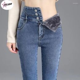 Jeans de mujer Pulabo Y2K Invierno Velvet grueso Mujeres Altas cintura Flagada simple Fleece cálido Fit Slim Stretch Damas Casual Denim Pencil