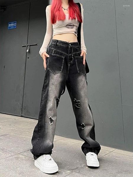 Jeans para mujer Punk Gótico Y2k Ropa Bolsillos de cintura alta Agujero Patchwork Cremallera Pantalones De Mujer Harajuku Vintage Casual Mujeres sueltas
