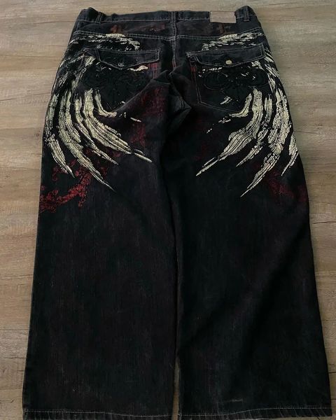 Jeans para mujer Punk Pocket Wings Estampado de destrucción Negro desgastado Lavado Cintura alta Pantalones de mezclilla de pierna ancha para hombres y Harajuku 231117