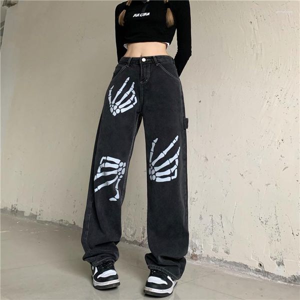 Jeans femme Punk Skull femmes pantalon droit ample rétro Denim Joggers fille blanc os pantalon mode rue