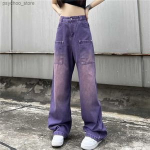 Jeans pour femmes Pantalon cargo violet Jeans femmes taille haute mode streetwear grandes poches Y2k Baggy Denim pantalon salopette pantalon large Q230904