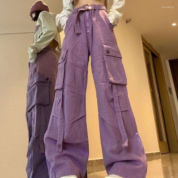 Jeans pour femmes Violet Fashion Design Multi-poches Hip-hop Streetwear Cargo Womens High Street Straight Loose Wide-leg Waisted