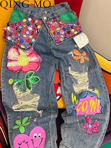 Jeans pour femmes QING MO 2023 printemps été industrie lourde européenne trou perlé taille haute pantalon droit ample ZX 834 230922