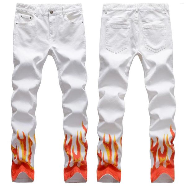 Pantalones vaqueros para mujer Pantalones vaqueros con estampado de llamas 3D de alta calidad para hombre Moda urbana Pantalones largos informales blancos clásicos ajustados estilo Hip Hop;