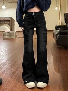 Damesjeans qweek 2024 zwarte denim goederen flare jeans dames y2k zakken Amerikaanse retro ultra dunne zakken heren broek lente mode c240411