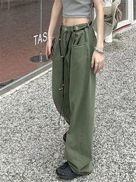 Jeans féminins Qweek 90S Vintage Green Women Retro Streetwear Hip Hop Pantalon denim de jambe large surdimension