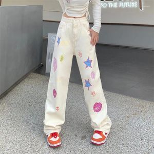 Jeans para mujeres qweek kawaii mujer blanca moda coreana lindo estampado estampado niña suave pantalones de gran tamaño japonés y2k ropa juvenil