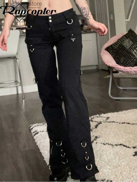 Jeans pour femmes Rapcopter Metal Zipper Flare Jeans Goth Noir Taille Basse Pantalon Cargo Poches Punk Académique Mode Pantalon De Survêtement Femmes Coréen Jean Q230901