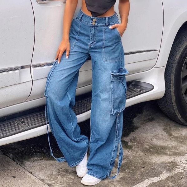 Jeans pour femmes Rapwriter élégant bleu maman grande poche pantalon patché années 90 femmes taille haute denim décontracté streetwear joli automne