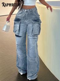 Jeans para mujer Rapwriter Pantalones cargo rectos vintage Mujer Grunge Cintura baja Bolsillos grandes Pantalones de mezclilla de puntada casual Moda Ropa de calle retro 230715