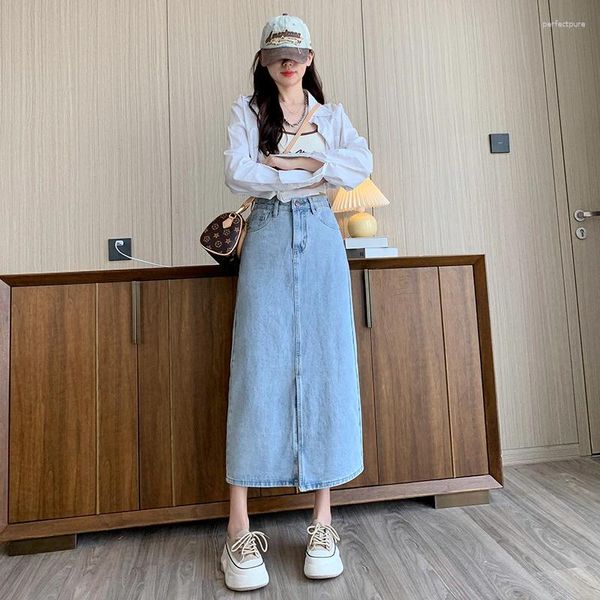 Jeans para mujeres Real S Falda de mezclilla dividida Baby Blue Summer 2024 Bag de cintura ALA HIP HIP Soft medio longitud