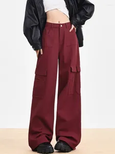 Jeans pour femmes Red Cargo Femmes Denim Pantalon Y2K Plus qu'une poche Taille haute Streetwear Pleine longueur Confortable Mode Mop